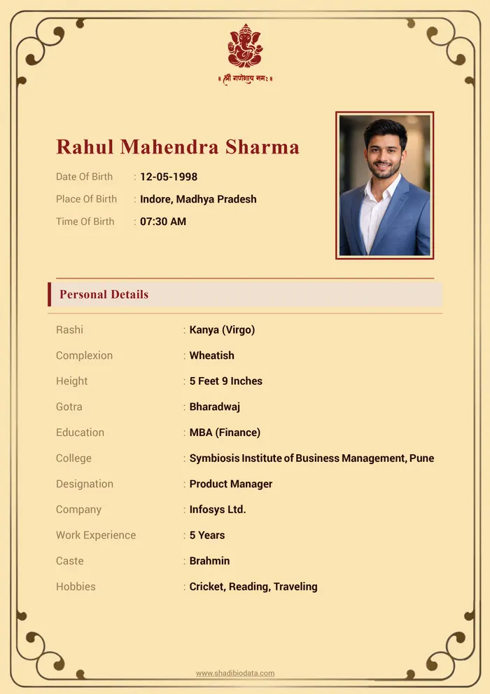 Ornate traditional biodata design filled with sample details