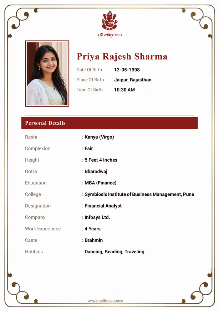 Clean modern biodata design filled with sample details